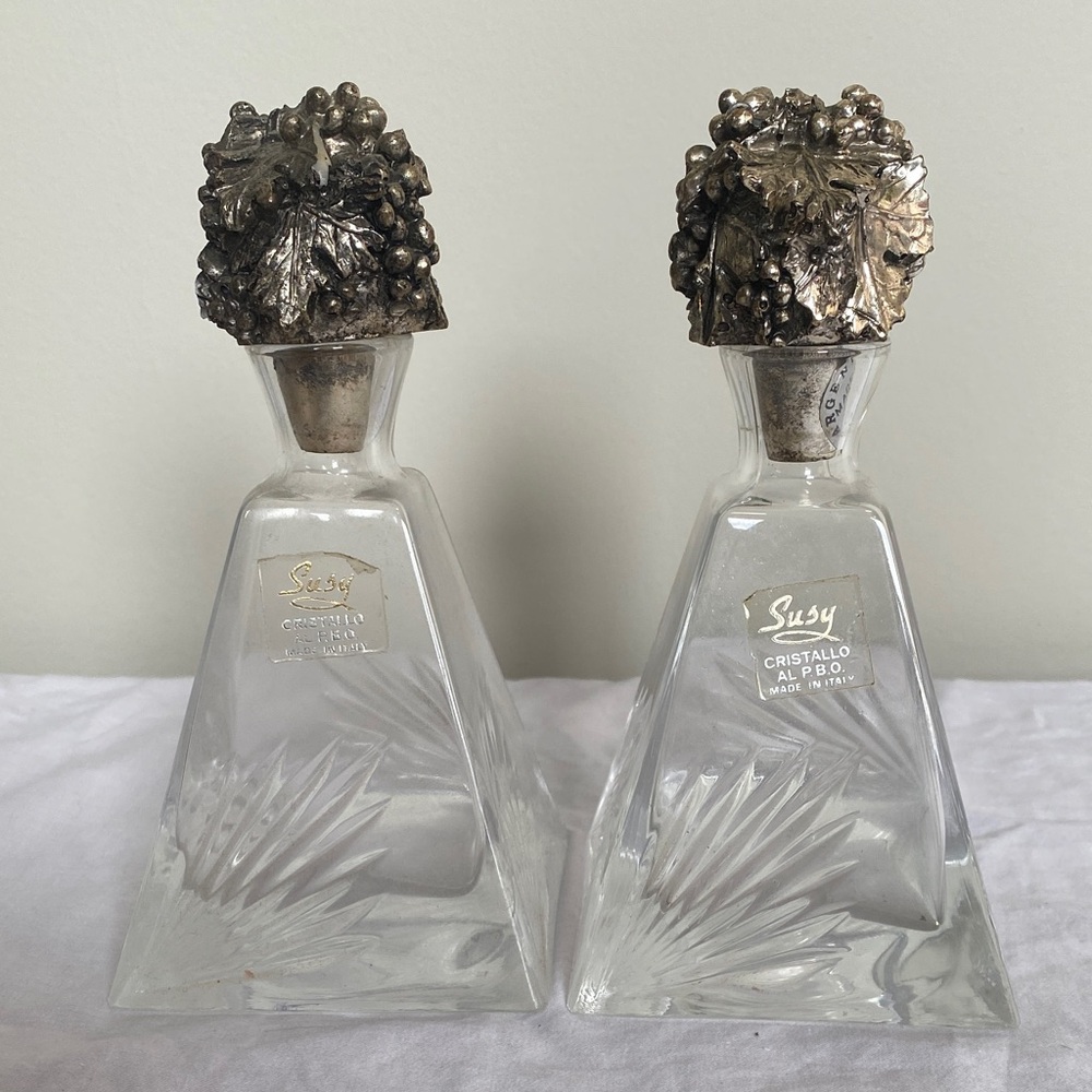 Vintage Susy Italy Real Crystal Decanters Silverplate Grape Stoppers 925 Silver